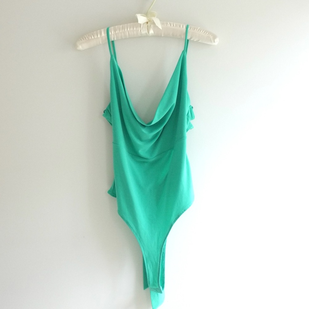 Green Backless Cowl Neck Bodysuit